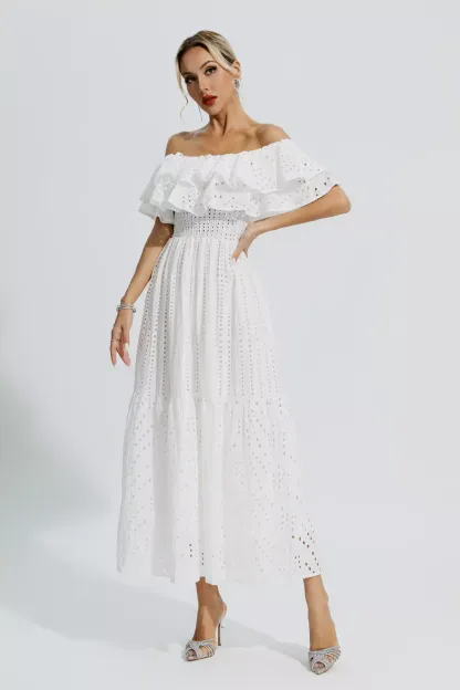 Grant White Cutout Ruffle Maxi Dress