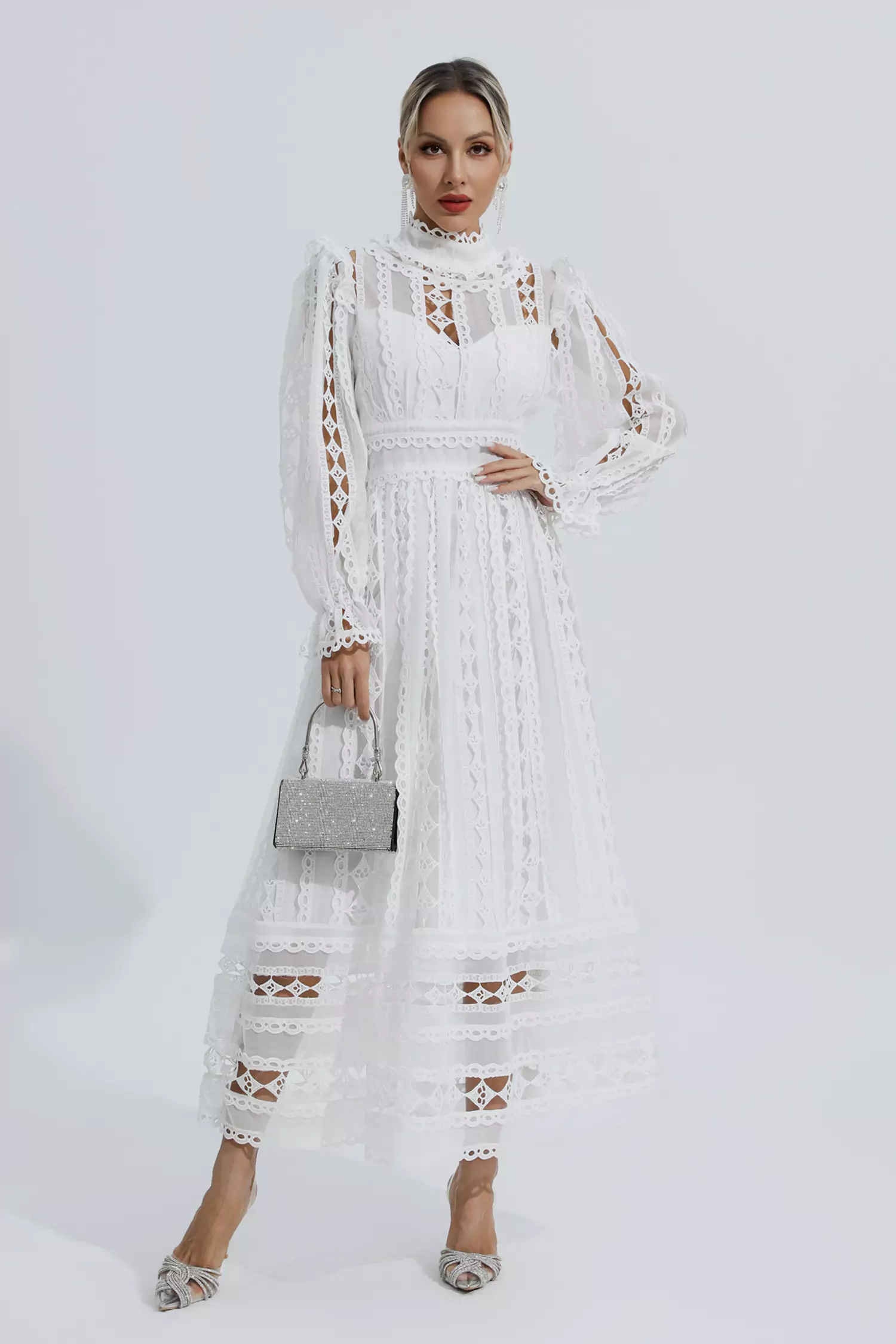 Luther White Hollow Lace Long Sleeve Dress