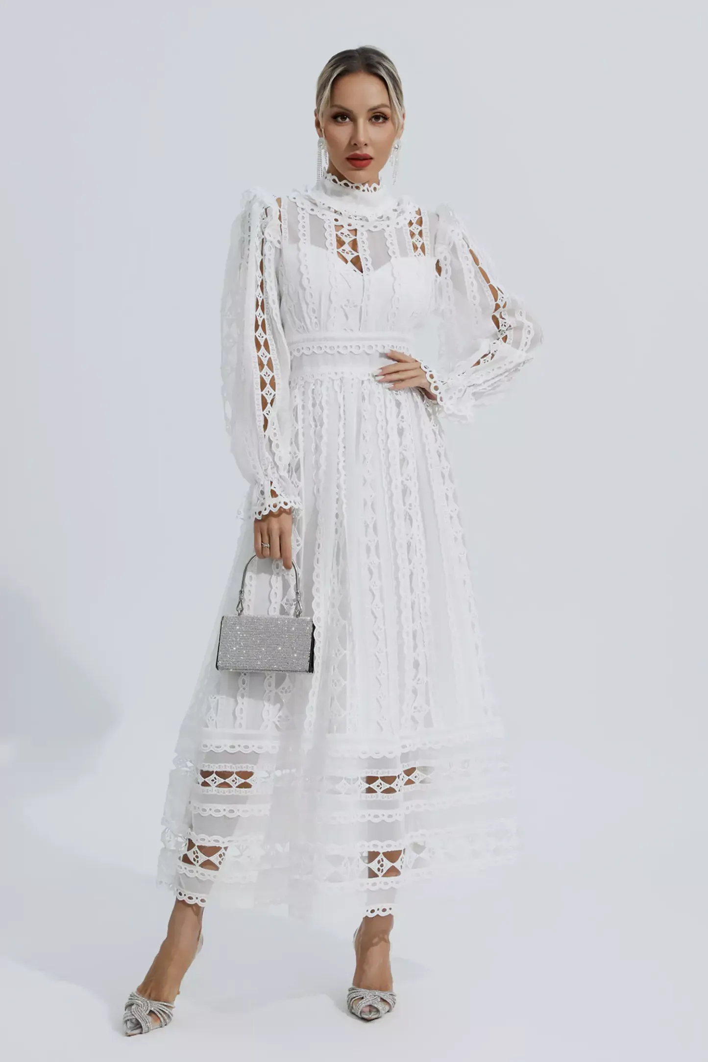 Luther White Hollow Lace Long Sleeve Dress