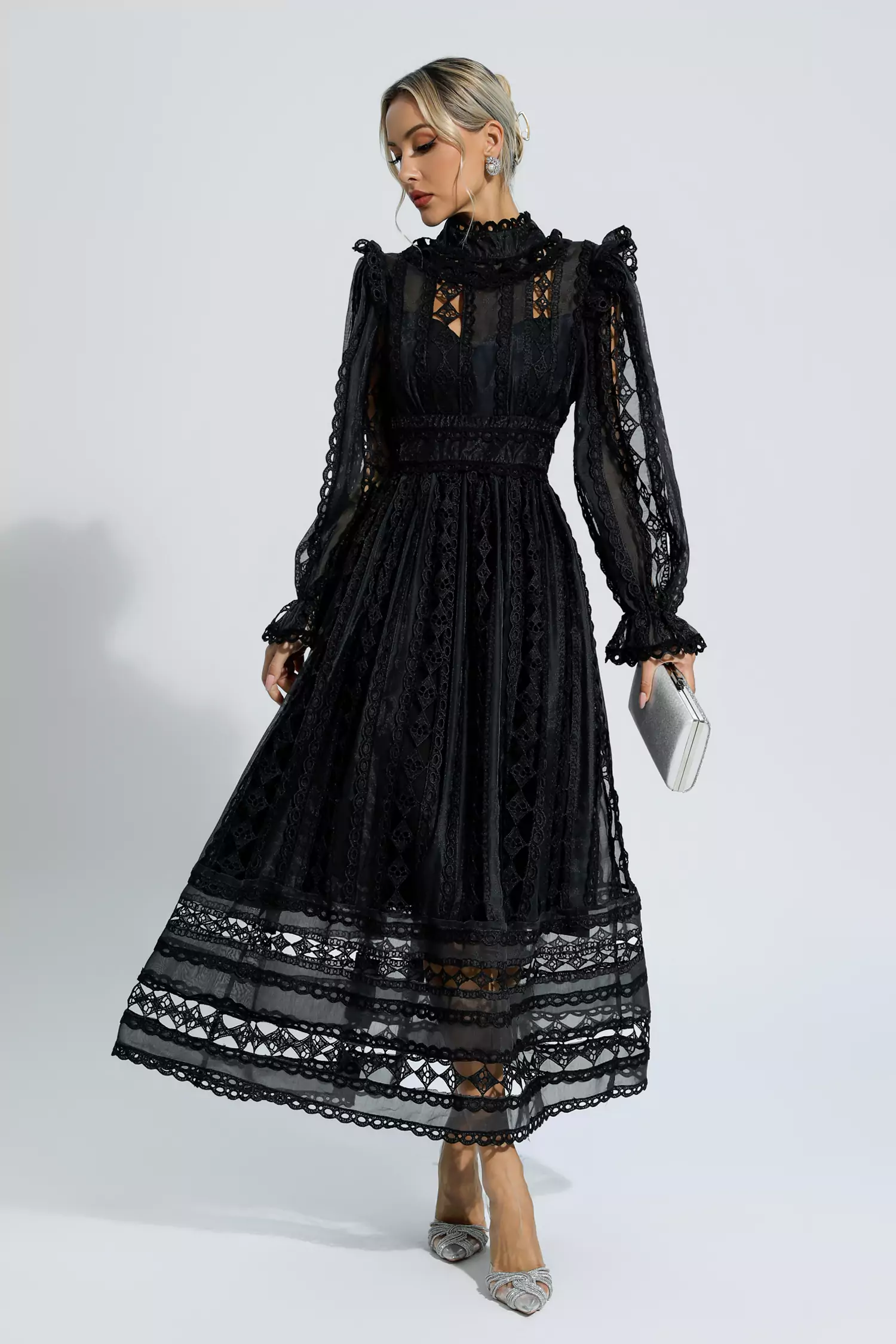 Luther Black Hollow Lace Long Sleeve Dress