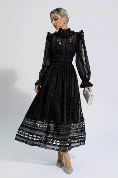 Luther Black Hollow Lace Long Sleeve Dress