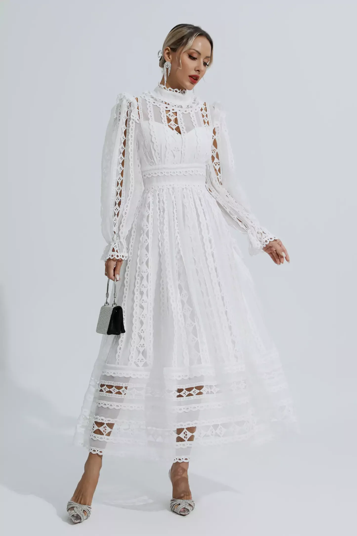 Luther White Hollow Lace Long Sleeve Dress