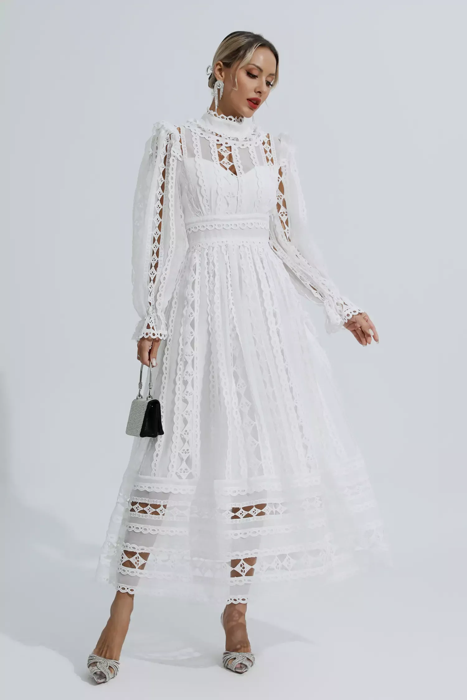 Luther White Hollow Lace Long Sleeve Dress