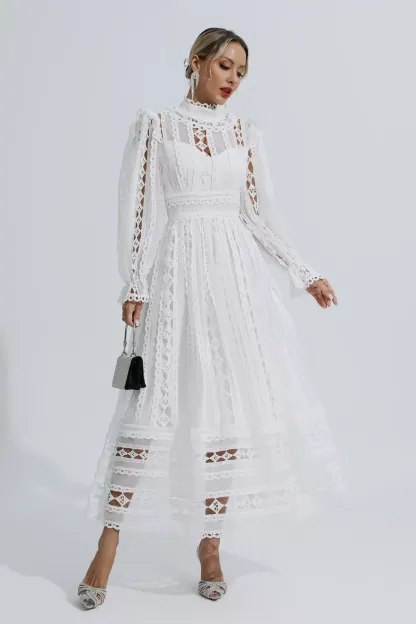 Luther White Hollow Lace Long Sleeve Dress