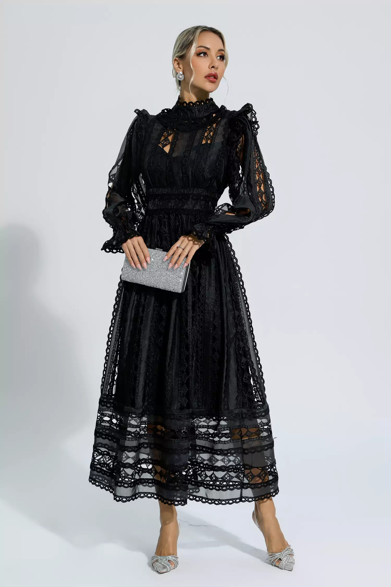 Luther Black Hollow Lace Long Sleeve Dress