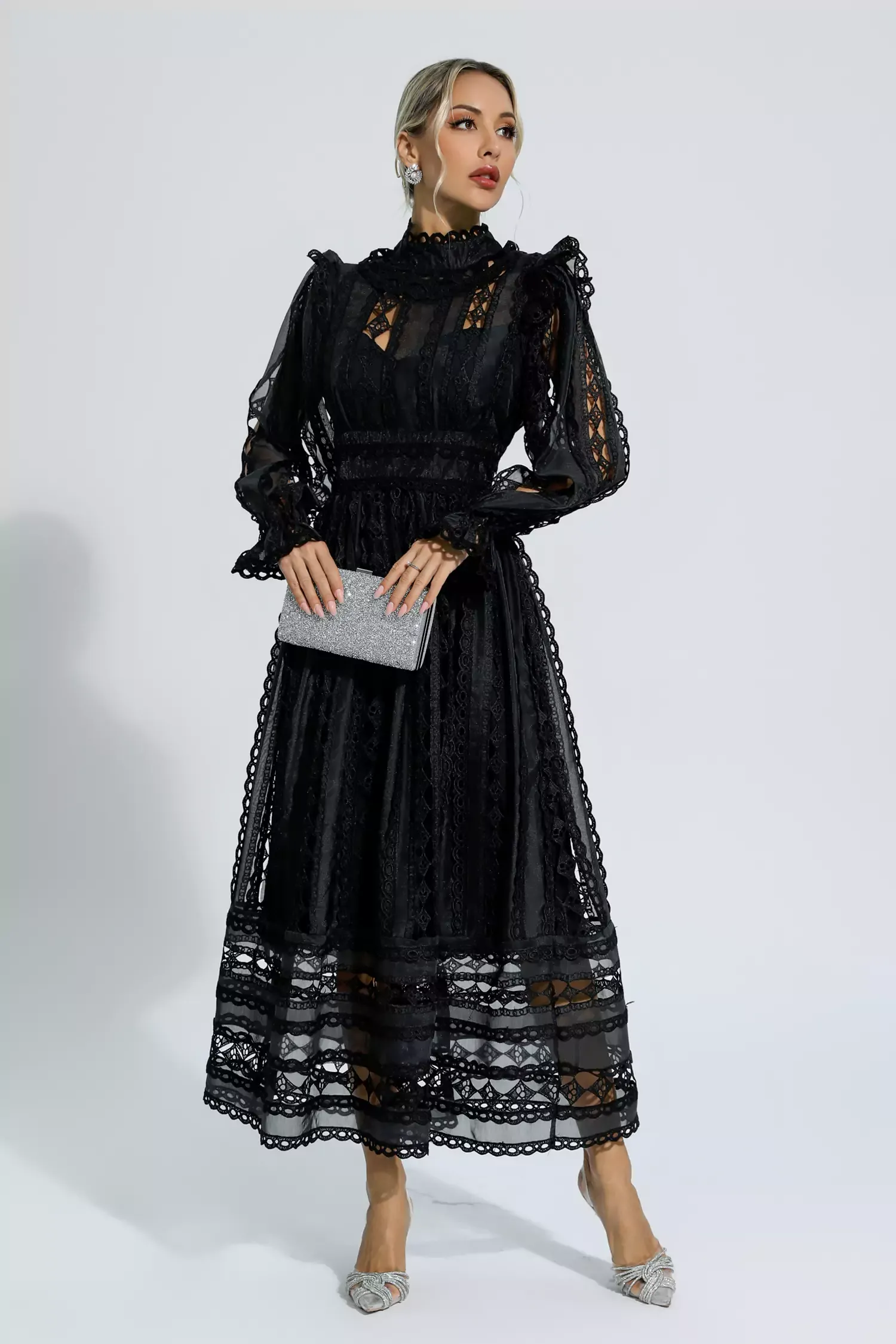 Luther Black Hollow Lace Long Sleeve Dress