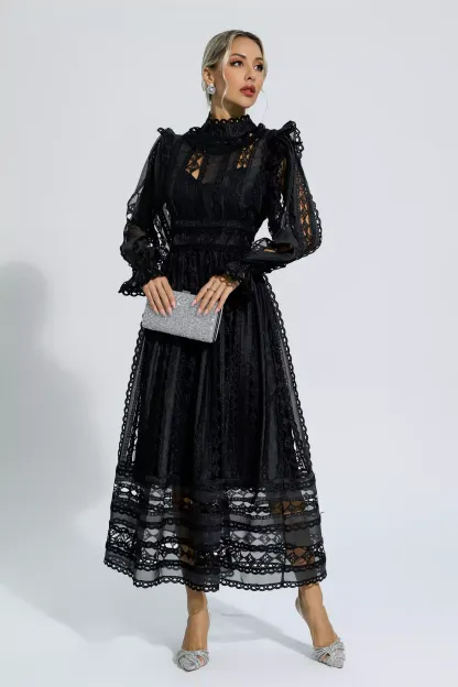 Luther Black Hollow Lace Long Sleeve Dress