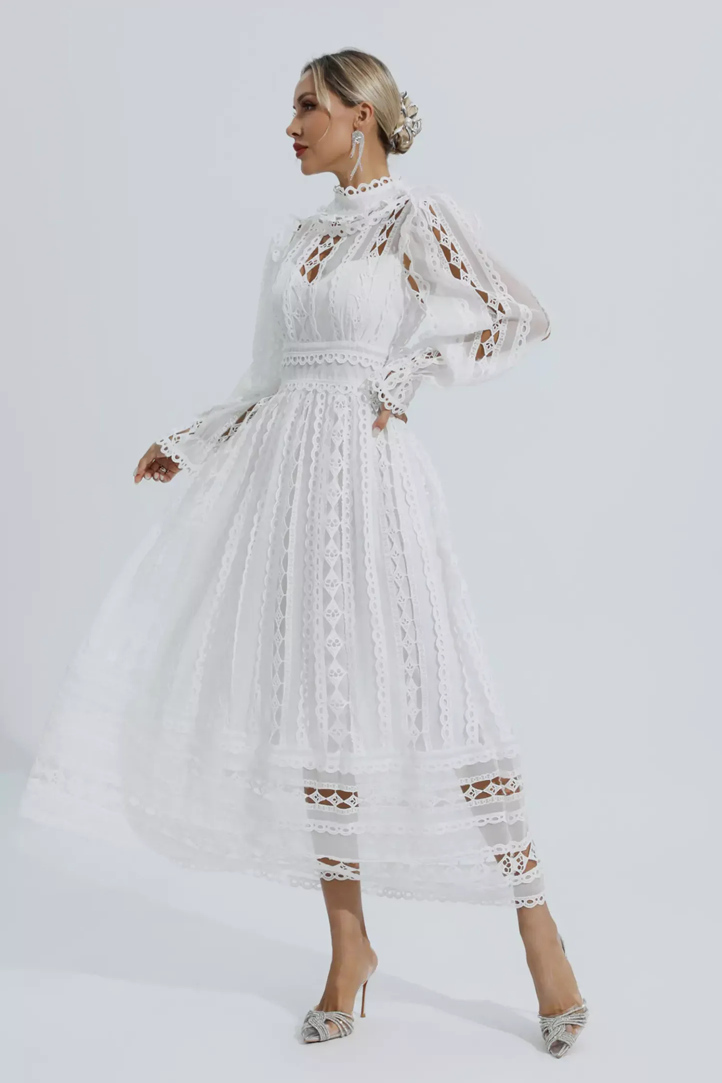 Luther White Hollow Lace Long Sleeve Dress