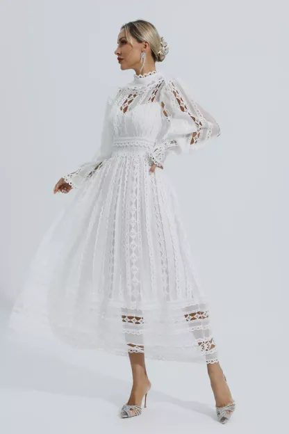 Luther White Hollow Lace Long Sleeve Dress