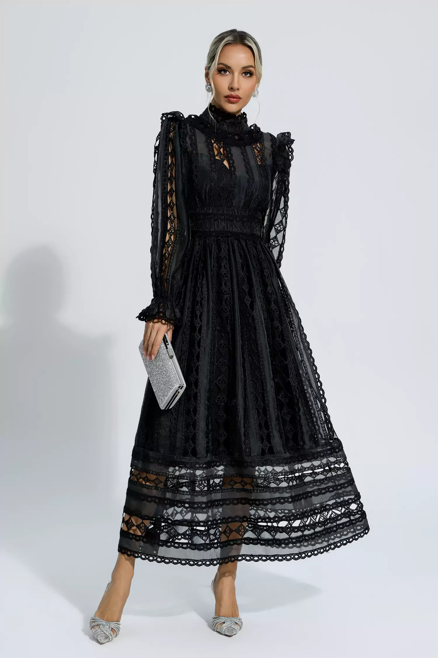 Luther Black Hollow Lace Long Sleeve Dress