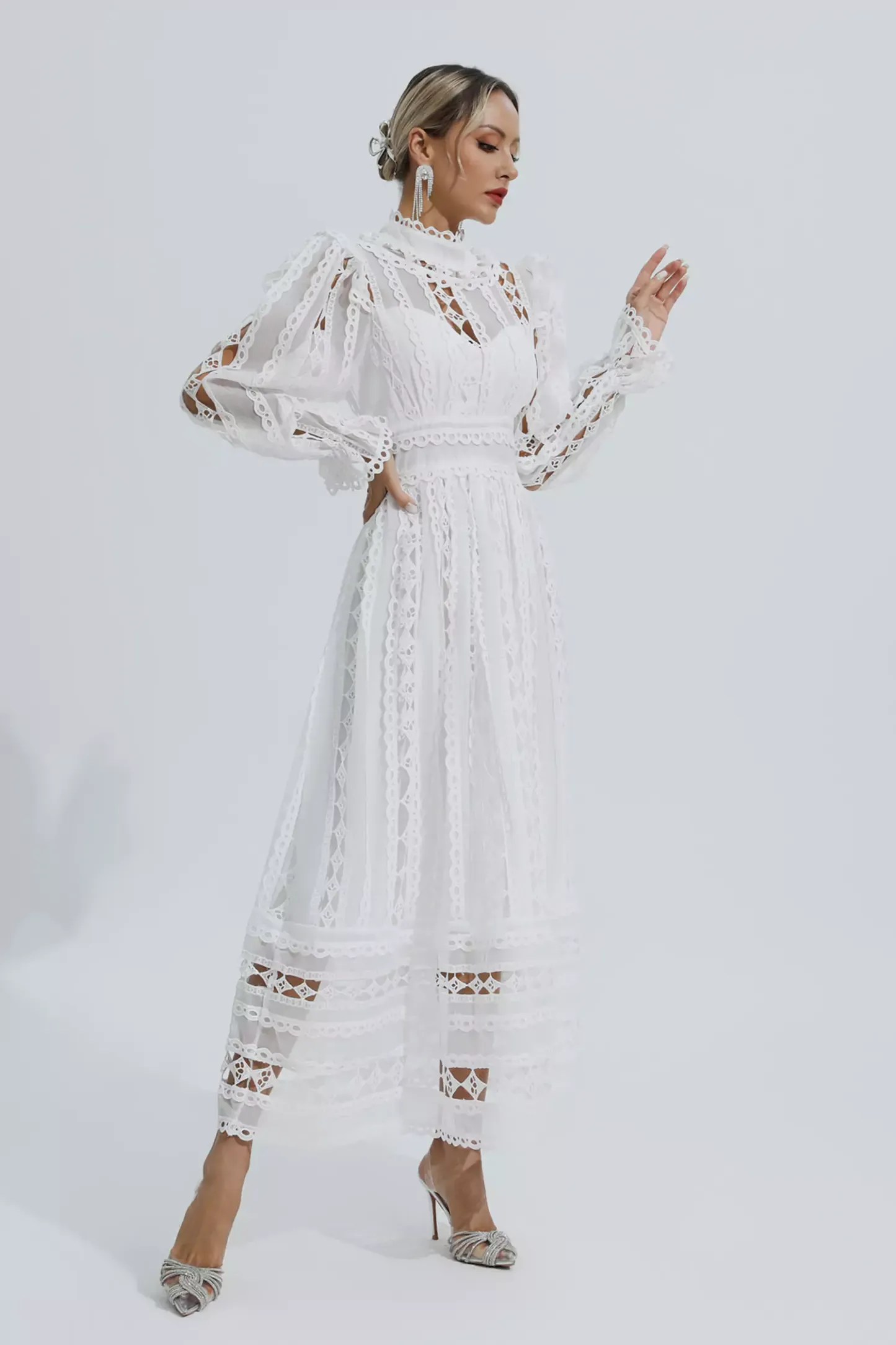 Luther White Hollow Lace Long Sleeve Dress