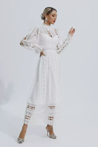 Luther White Hollow Lace Long Sleeve Dress