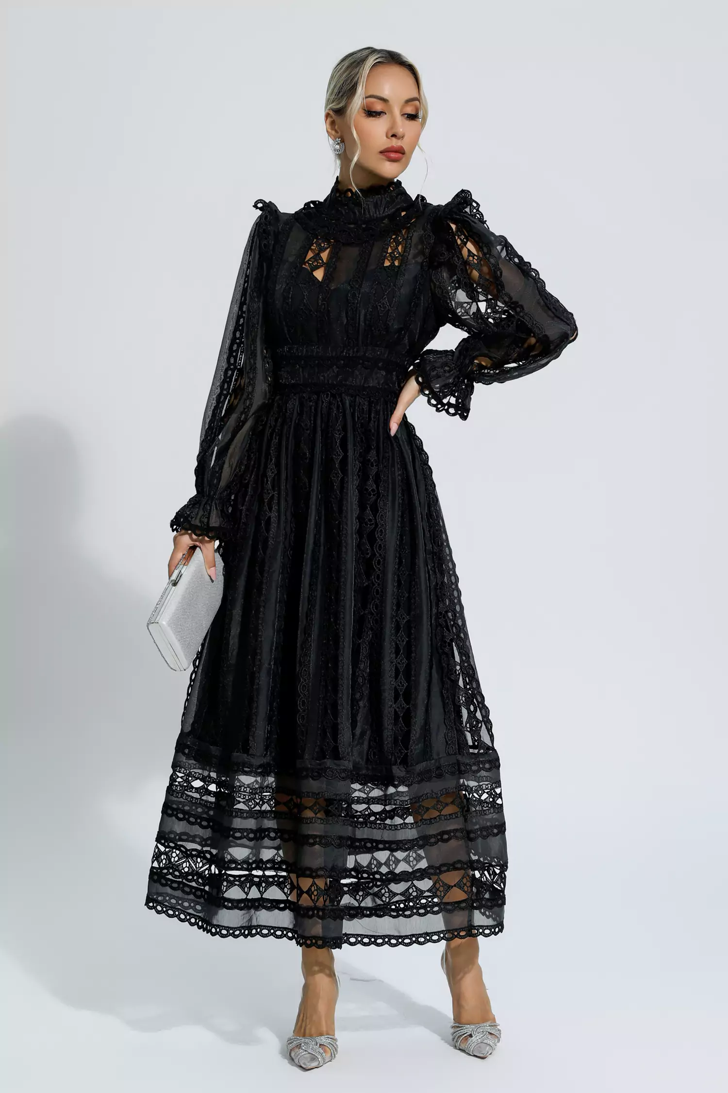 Luther Black Hollow Lace Long Sleeve Dress