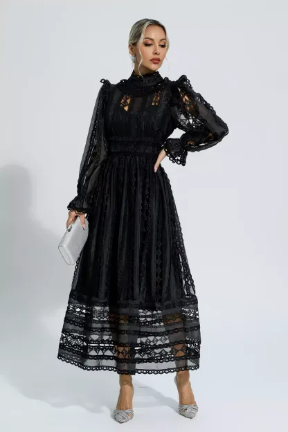 Luther Black Hollow Lace Long Sleeve Dress