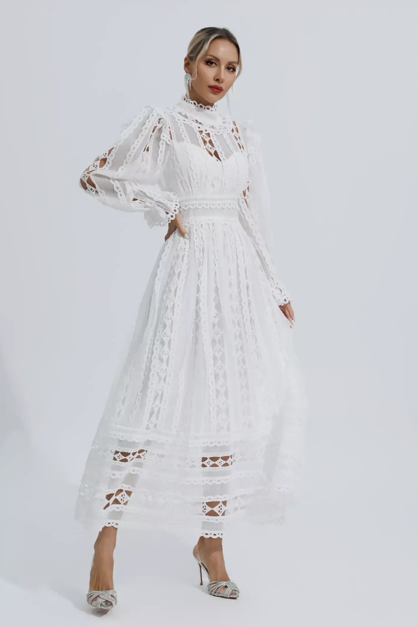 Luther White Hollow Lace Long Sleeve Dress