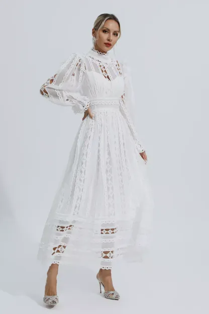 Luther White Hollow Lace Long Sleeve Dress