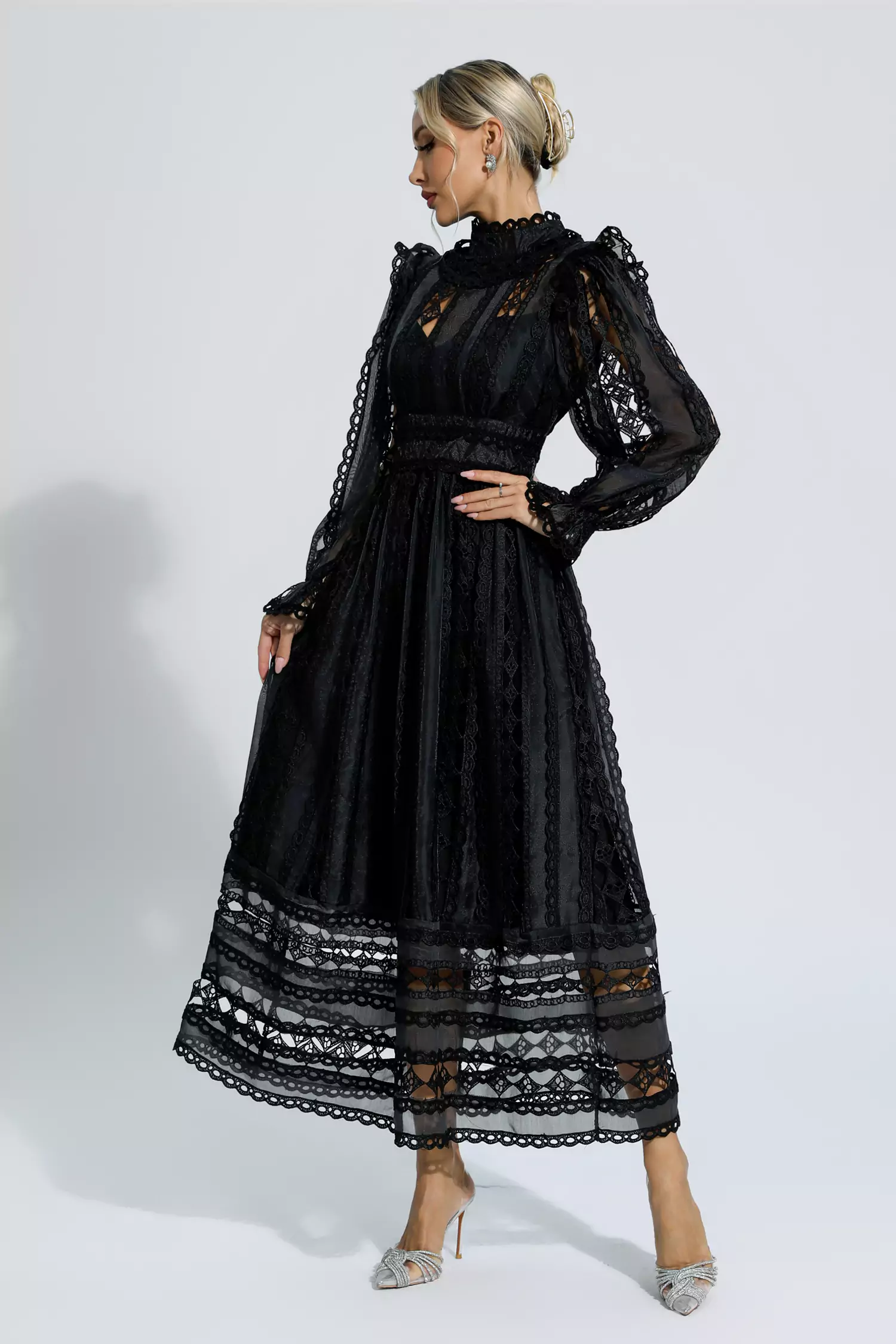 Luther Black Hollow Lace Long Sleeve Dress
