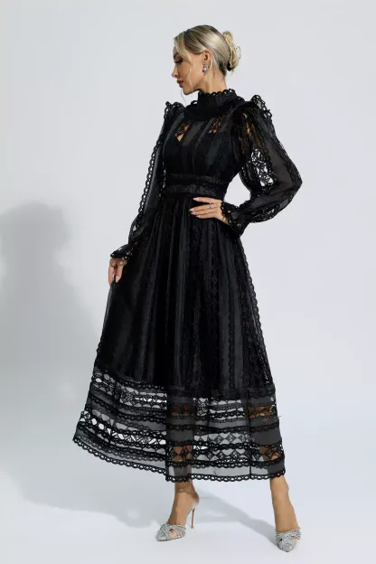 Luther Black Hollow Lace Long Sleeve Dress