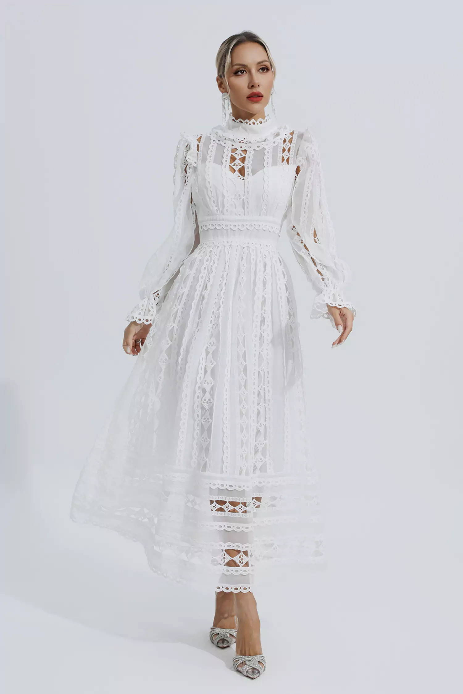 Luther White Hollow Lace Long Sleeve Dress