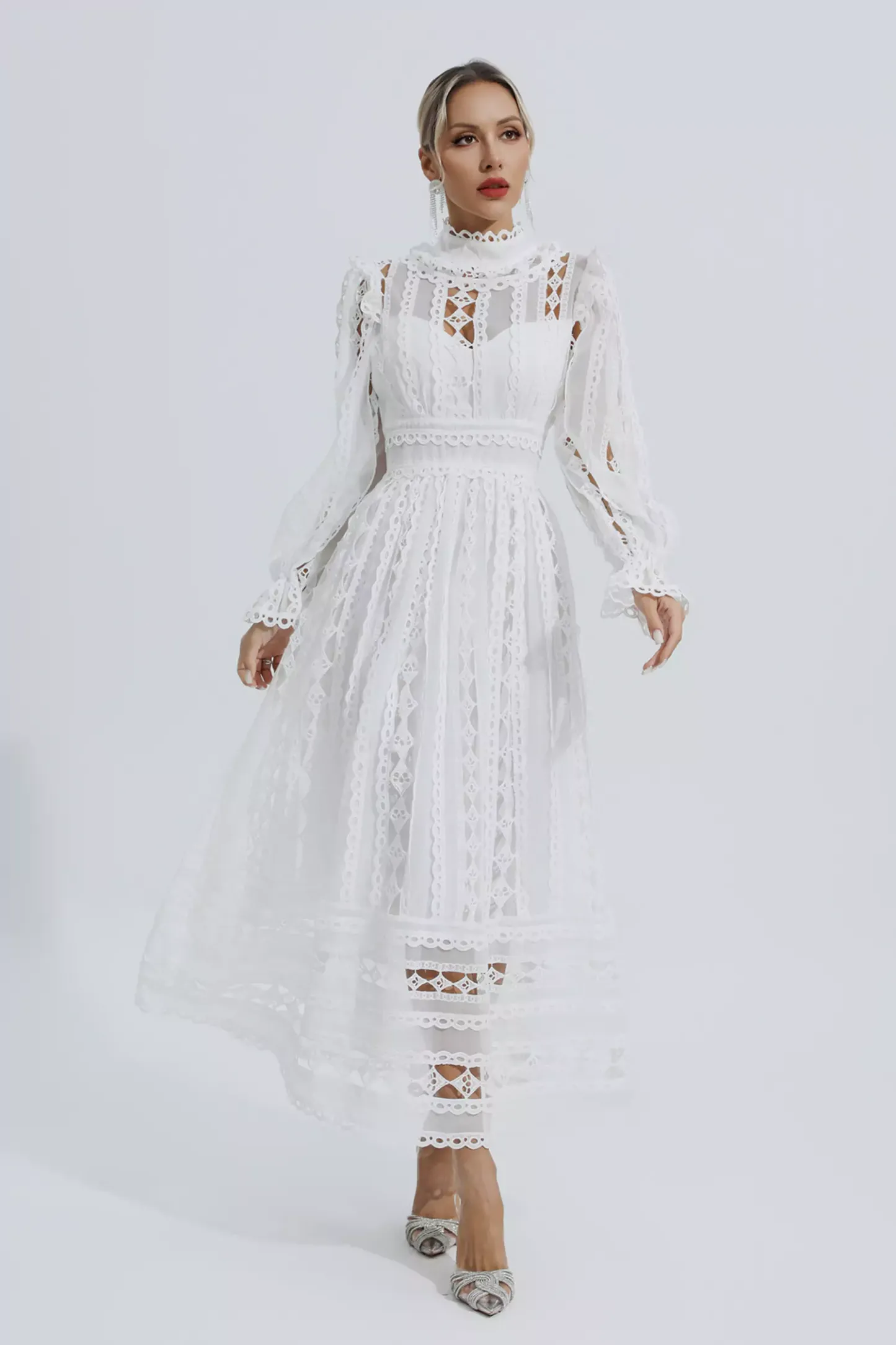 Luther White Hollow Lace Long Sleeve Dress