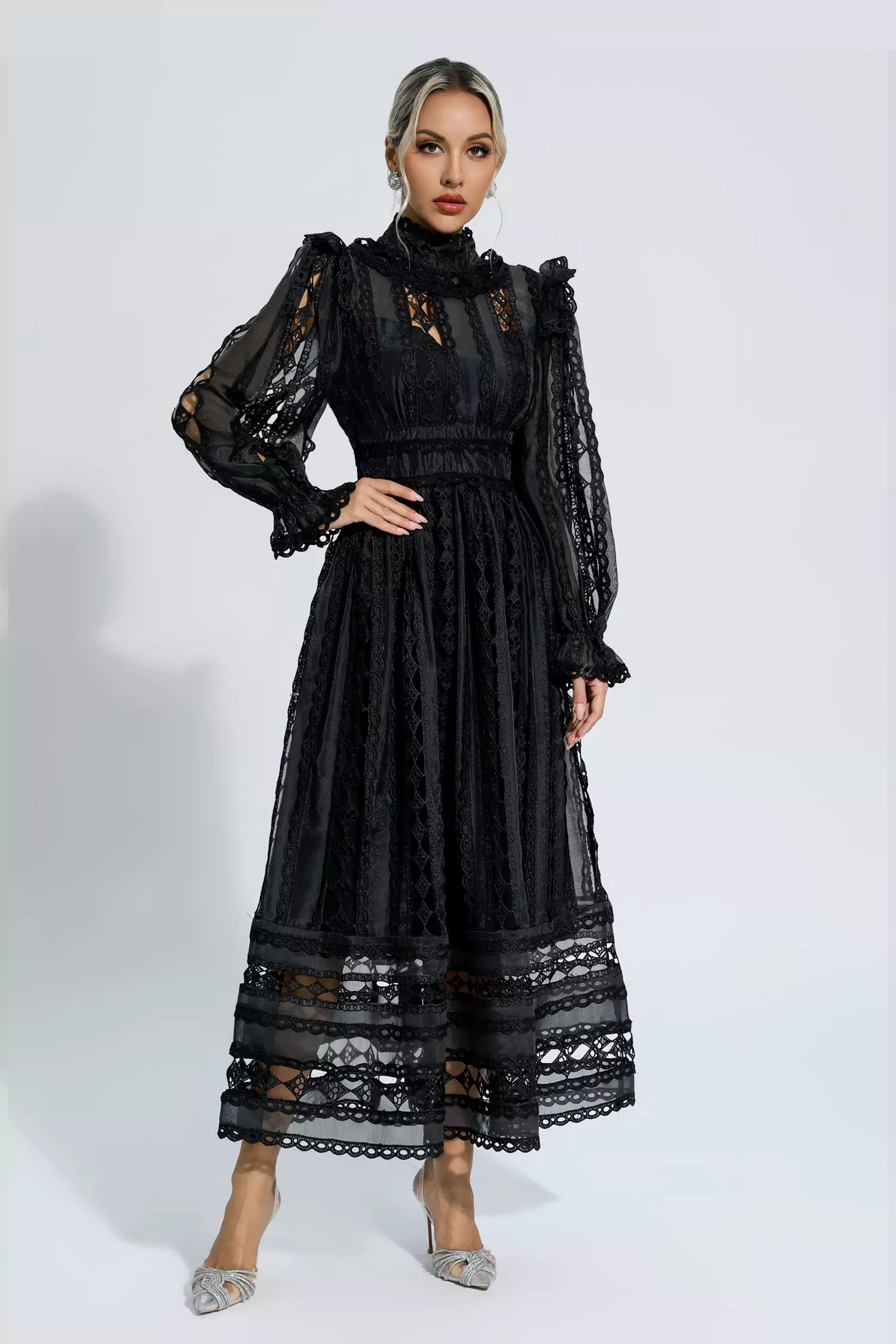 Luther Black Hollow Lace Long Sleeve Dress