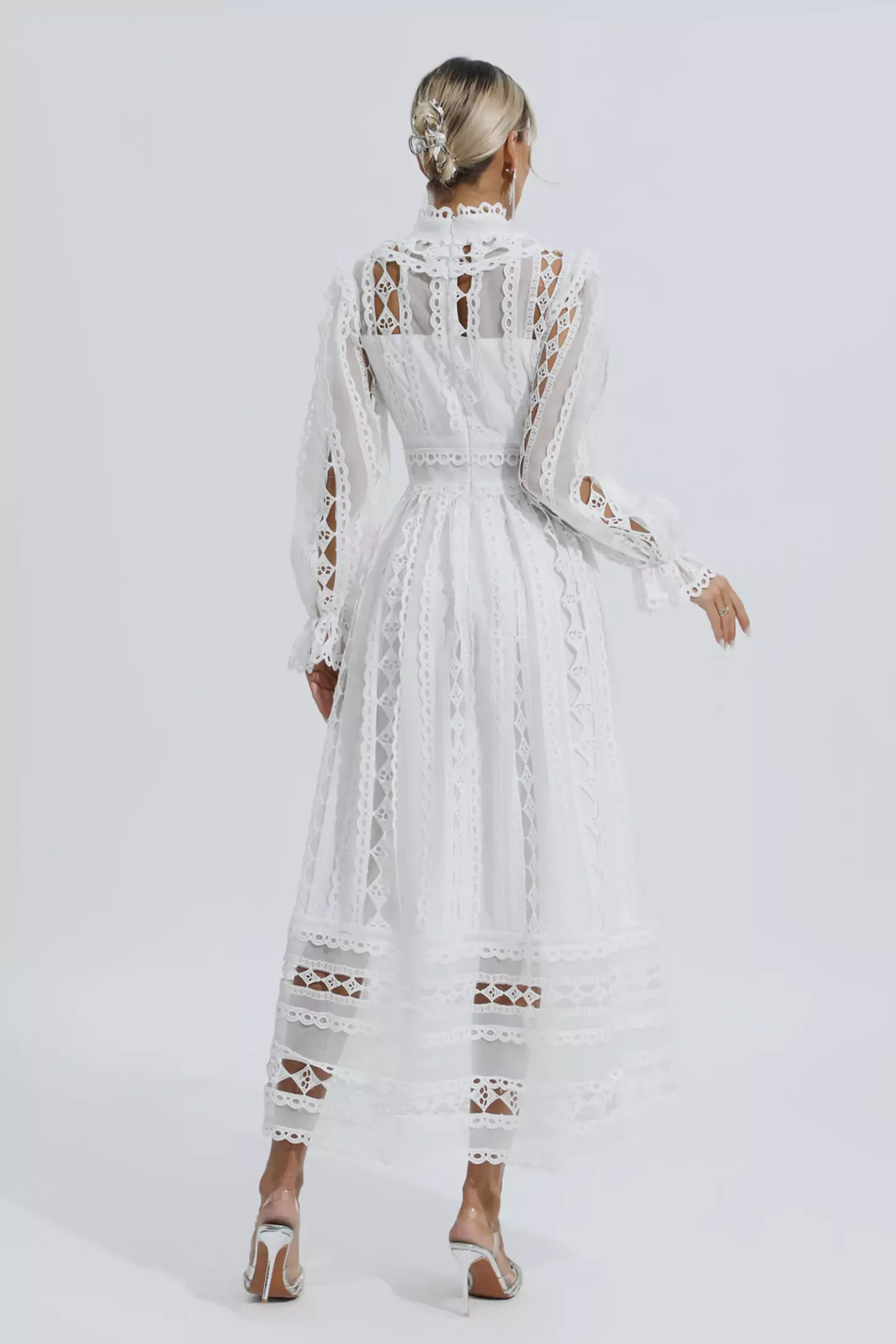 Luther White Hollow Lace Long Sleeve Dress