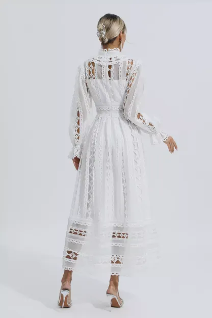 Luther White Hollow Lace Long Sleeve Dress