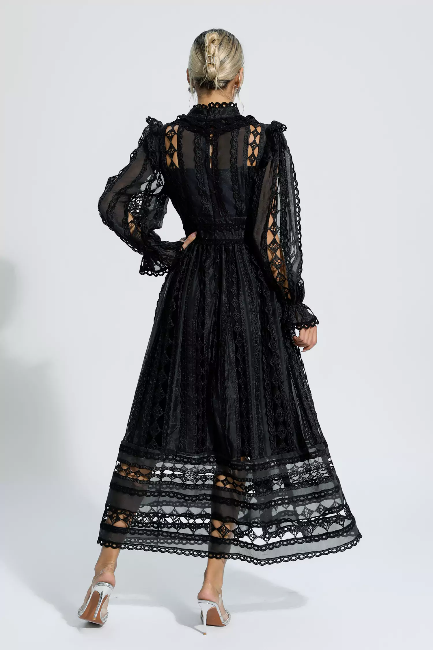 Luther Black Hollow Lace Long Sleeve Dress