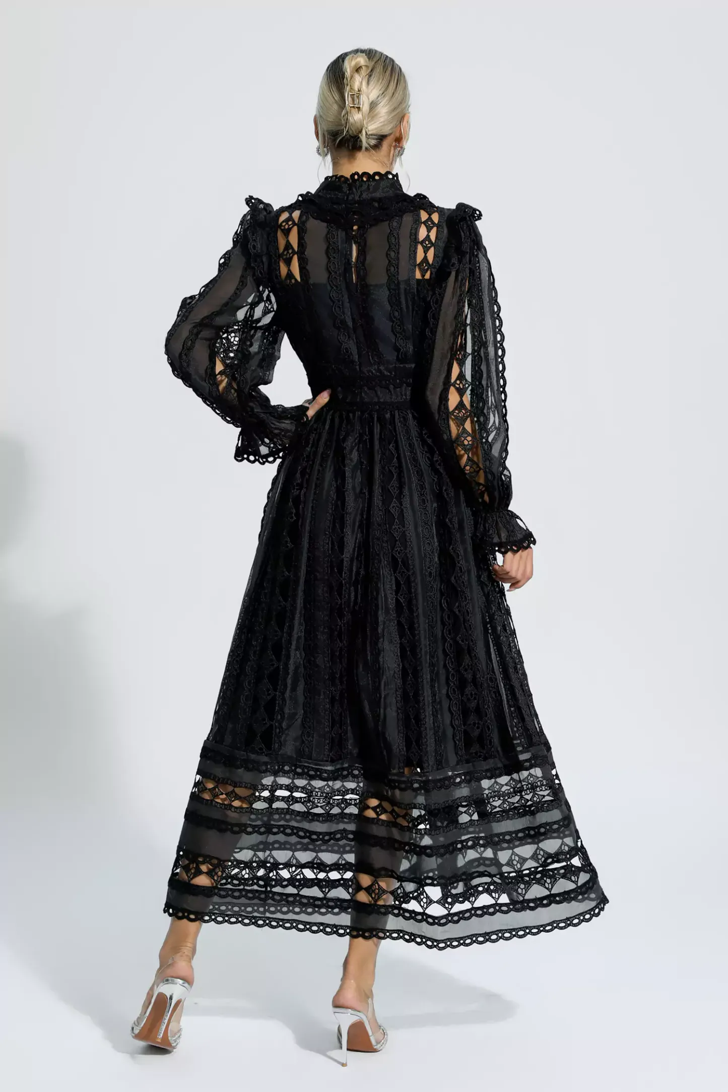 Luther Black Hollow Lace Long Sleeve Dress