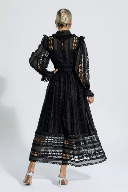 Luther Black Hollow Lace Long Sleeve Dress
