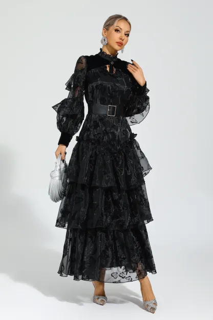 Willard Black Belted Mesh Dress