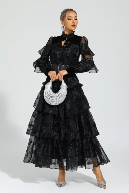 Willard Black Belted Mesh Dress