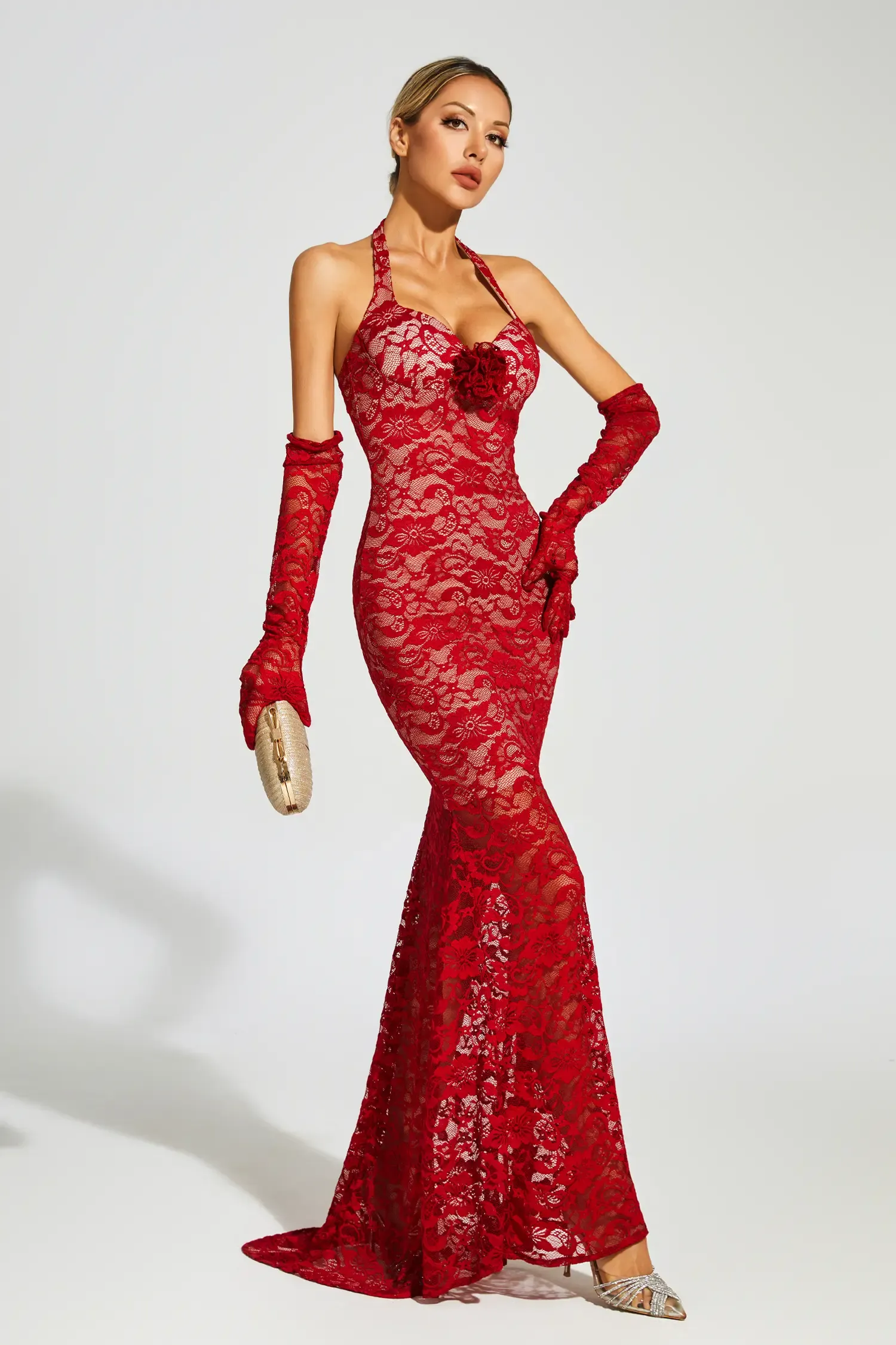 Aaron Red Rose Lace Halter Maxi Dress