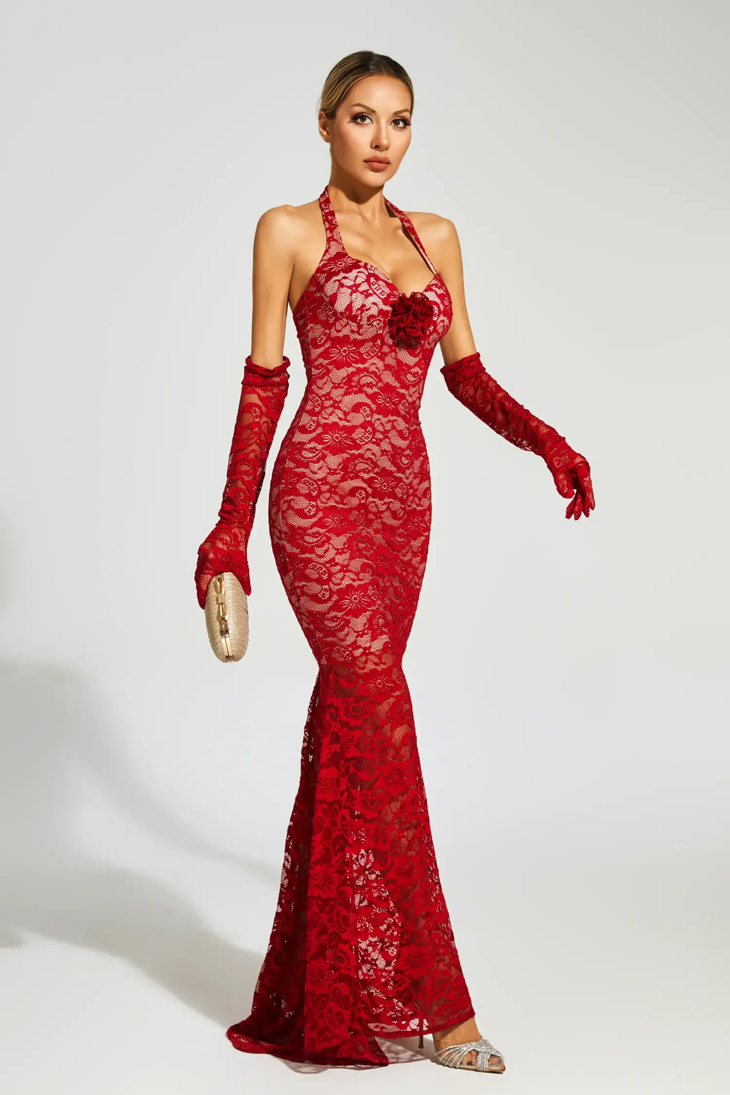 Aaron Red Rose Lace Halter Maxi Dress