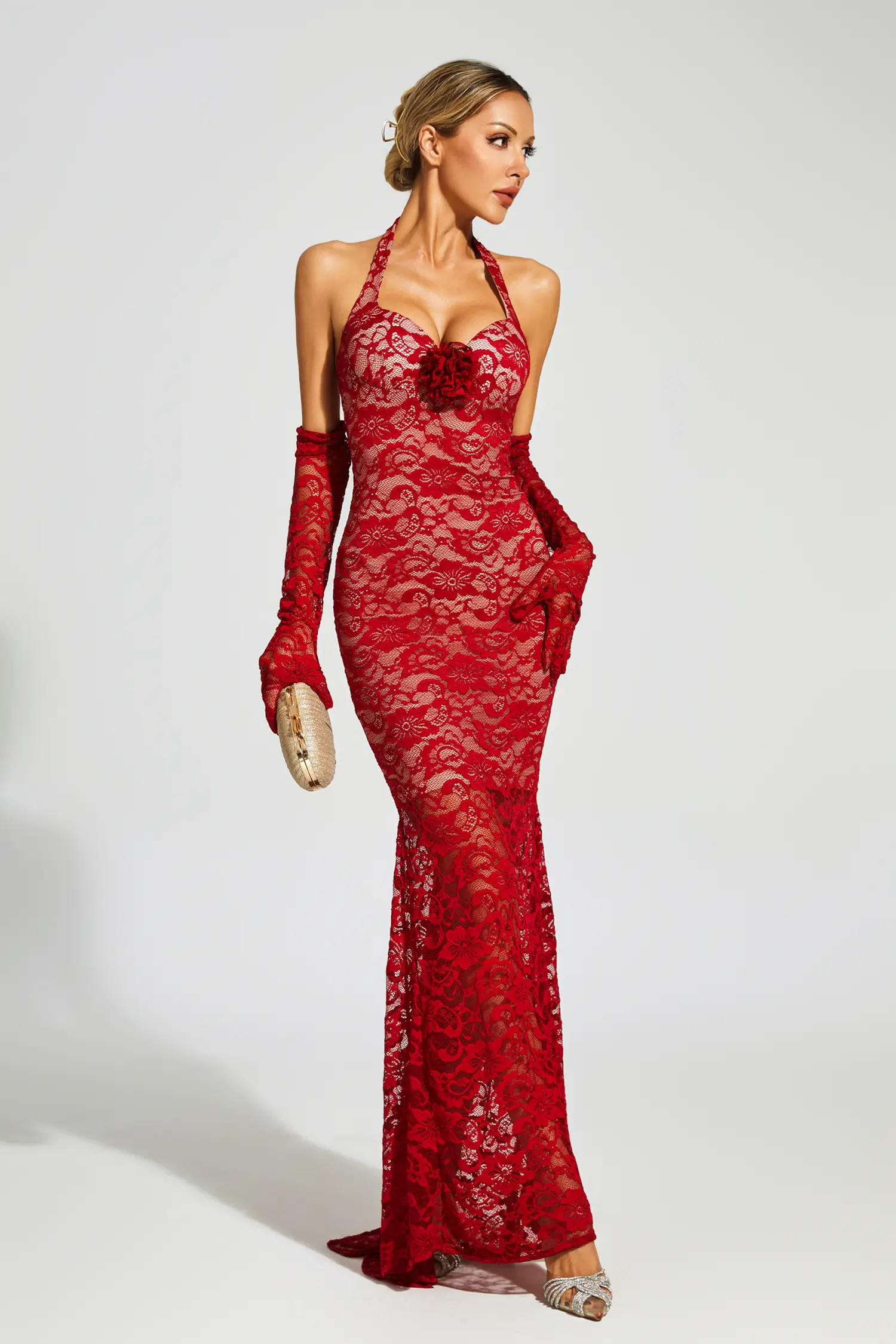 Aaron Red Rose Lace Halter Maxi Dress