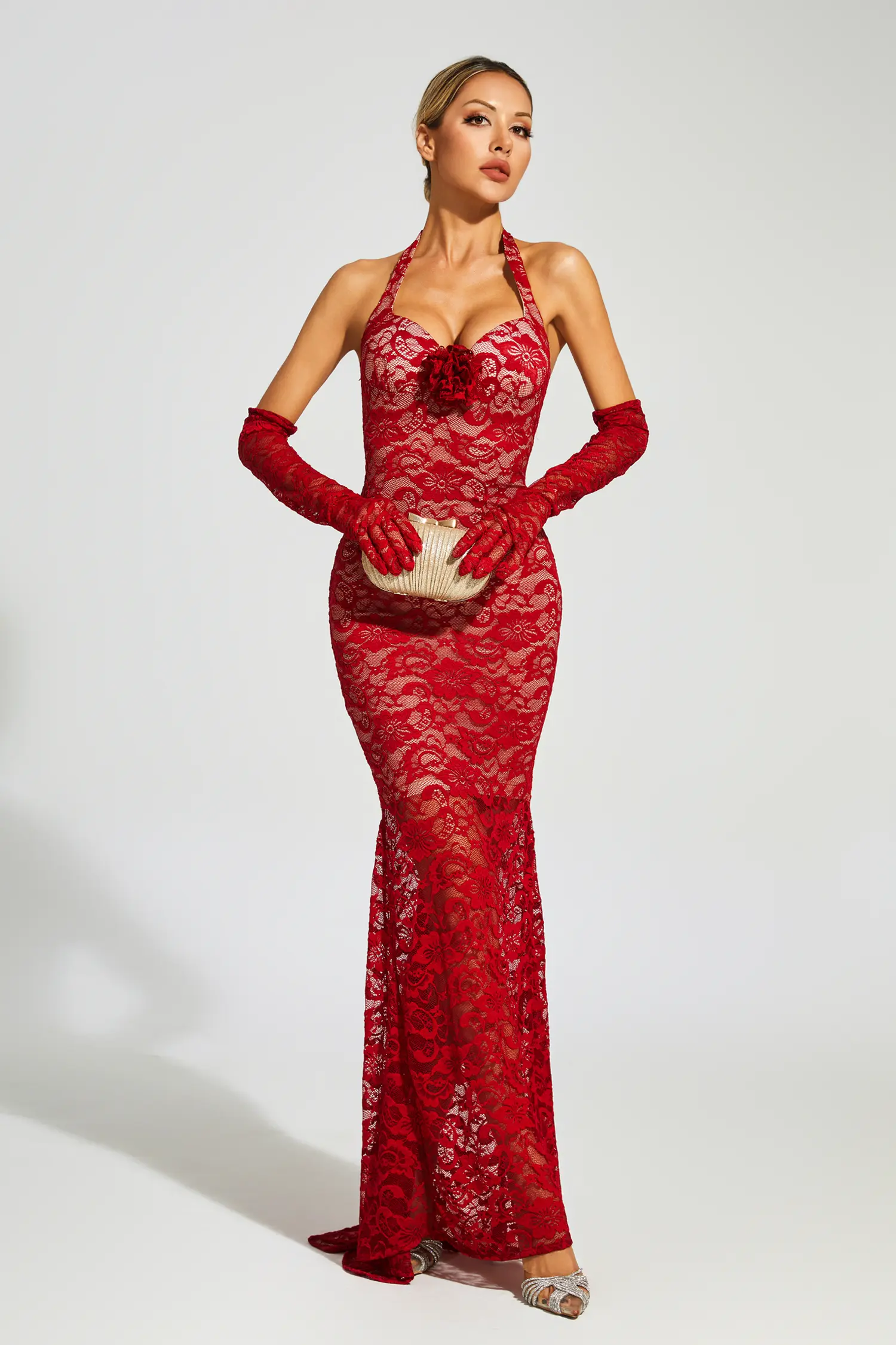 Aaron Red Rose Lace Halter Maxi Dress