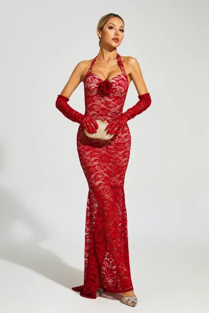 Aaron Red Rose Lace Halter Maxi Dress