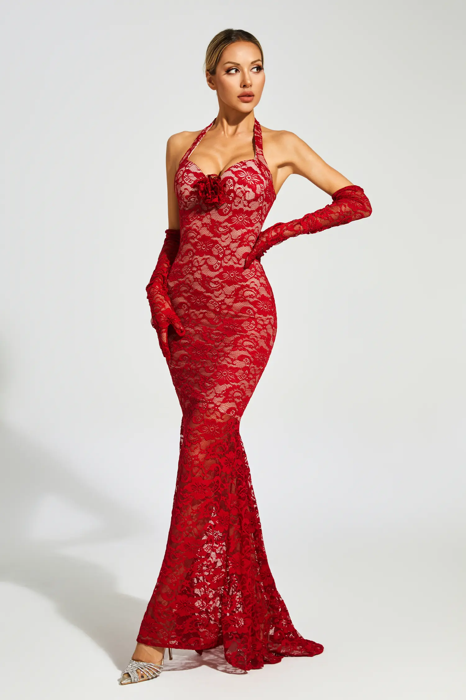 Aaron Red Rose Lace Halter Maxi Dress