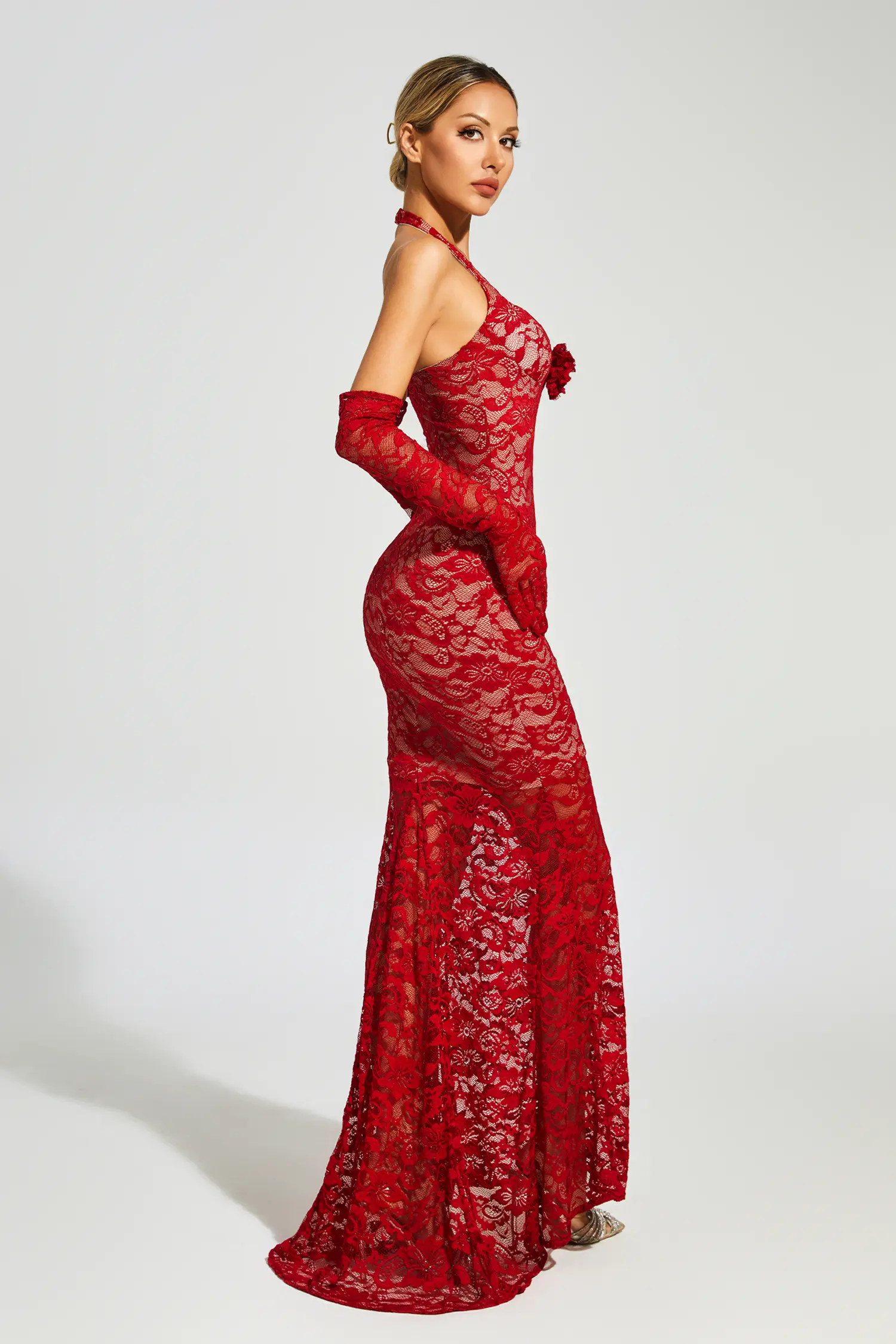 Aaron Red Rose Lace Halter Maxi Dress