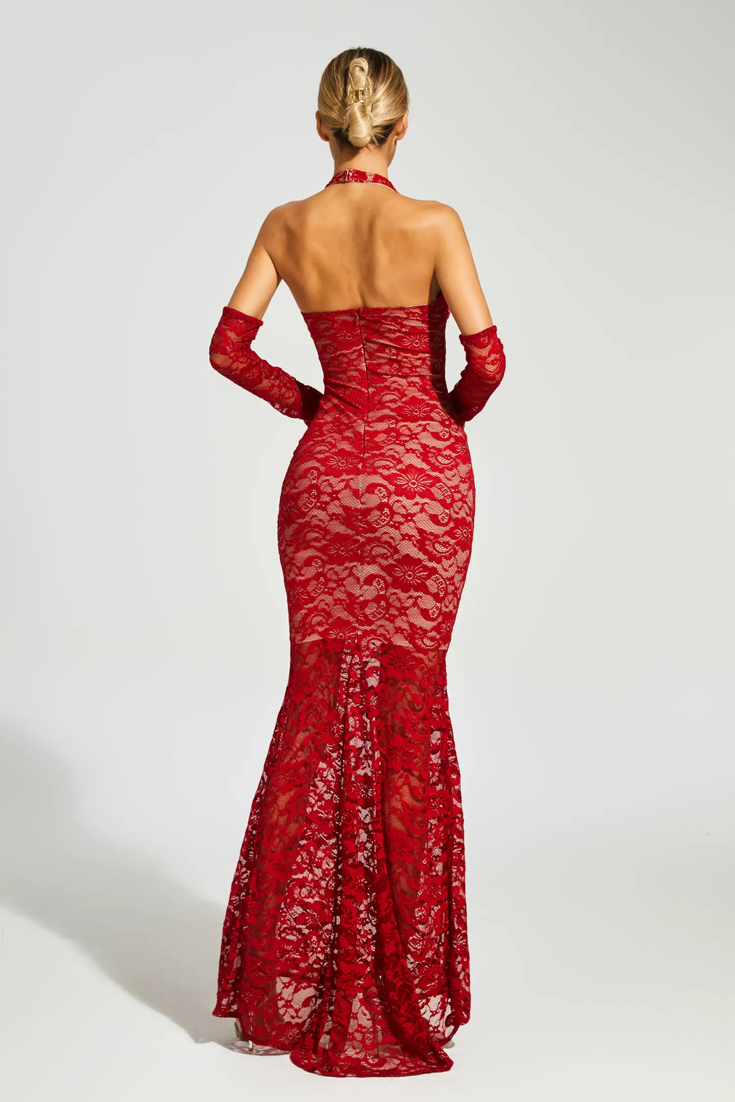 Aaron Red Rose Lace Halter Maxi Dress