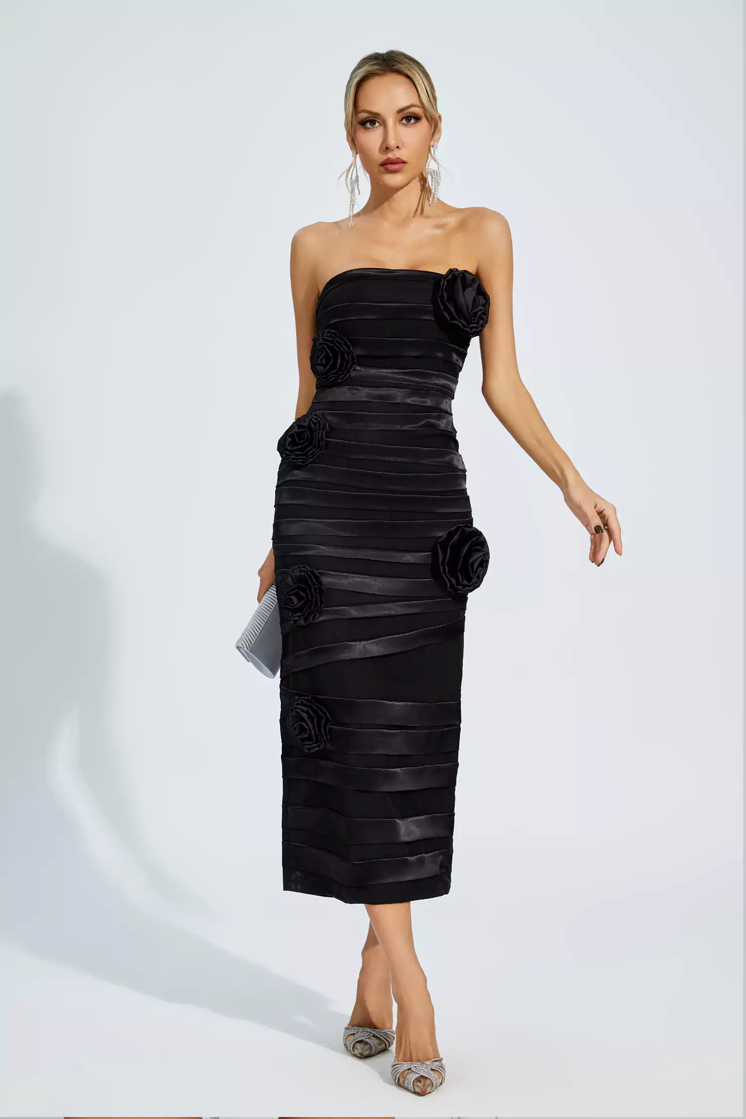 Boyce Black Floral Strapless Evening Dress