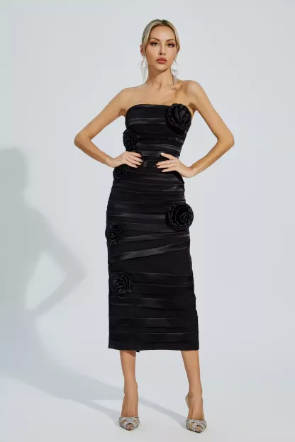 Boyce Black Floral Strapless Evening Dress