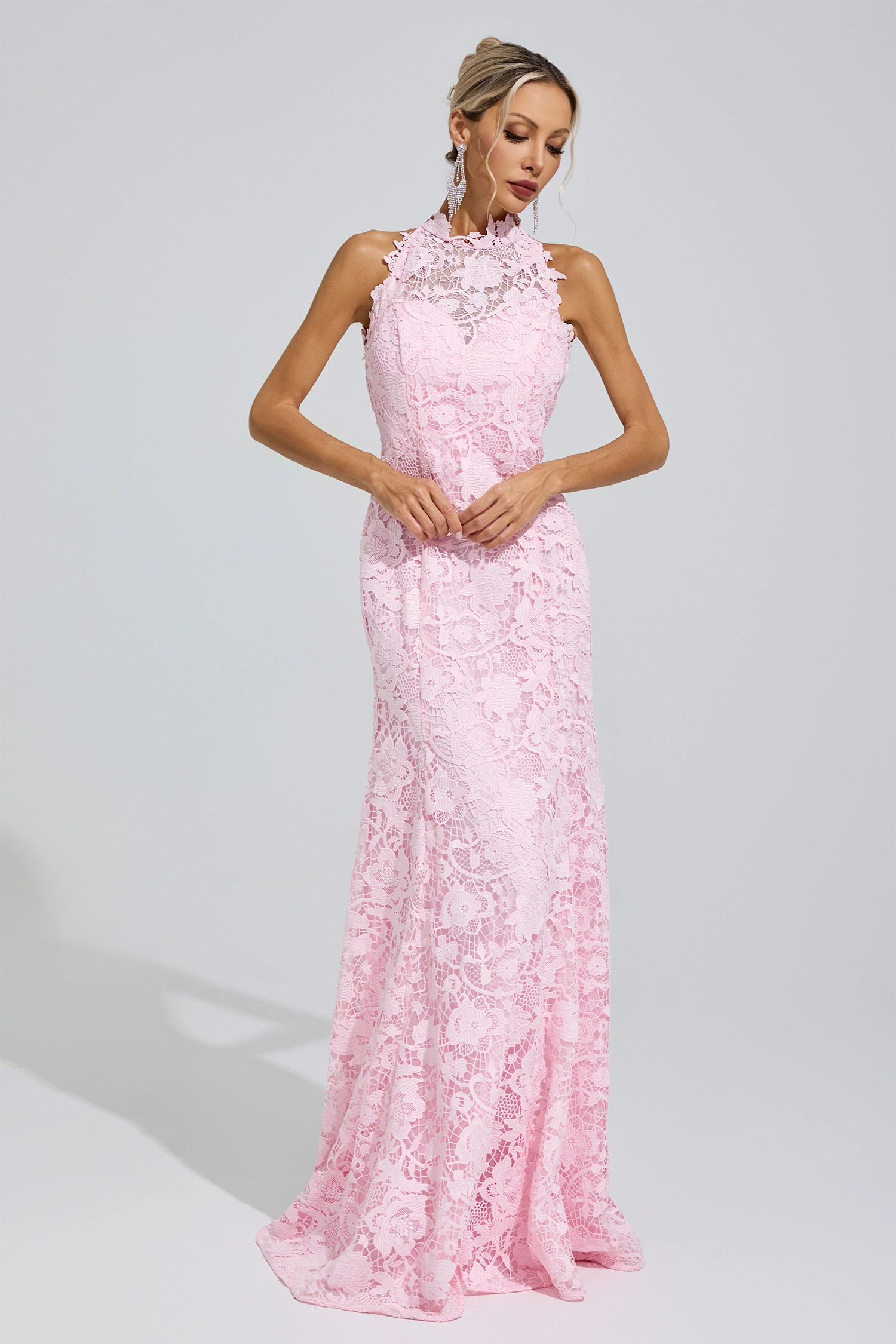 Angelou Pink Sleeveless Lace Bodycon Maxi Dress