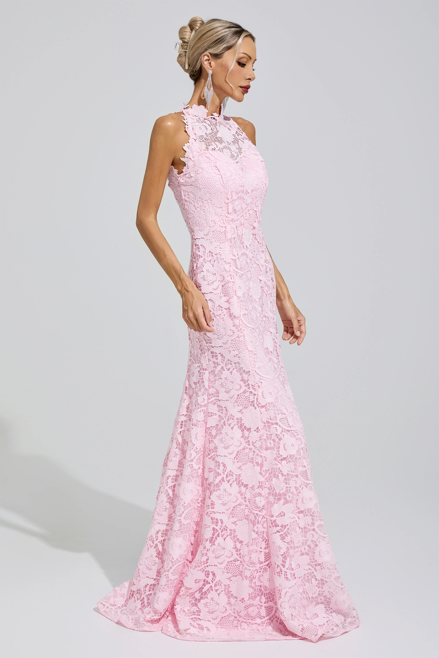 Angelou Pink Sleeveless Lace Bodycon Maxi Dress