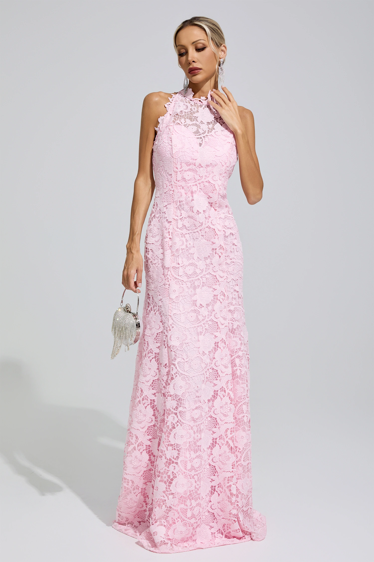 Angelou Pink Sleeveless Lace Bodycon Maxi Dress