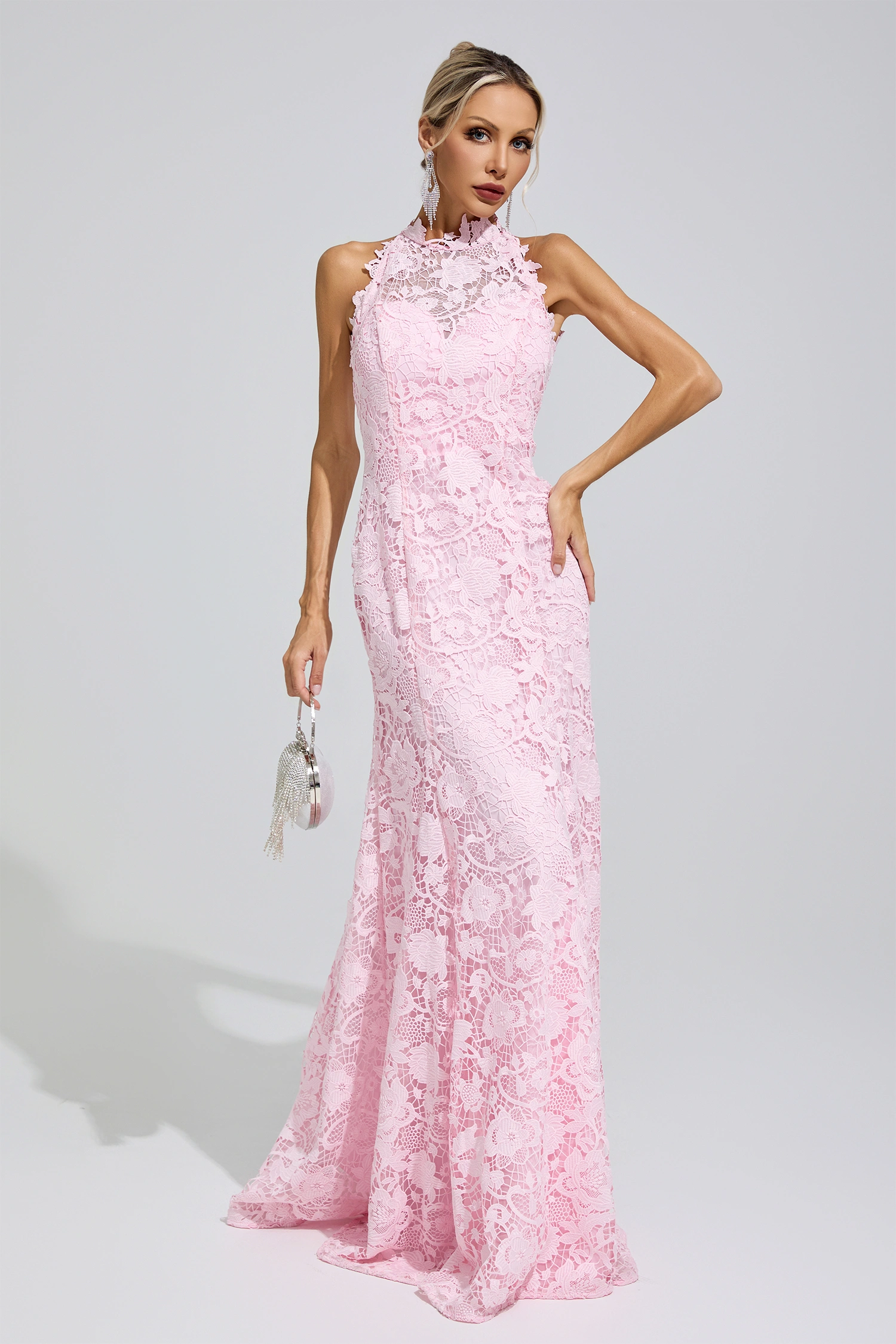 Angelou Pink Sleeveless Lace Bodycon Maxi Dress