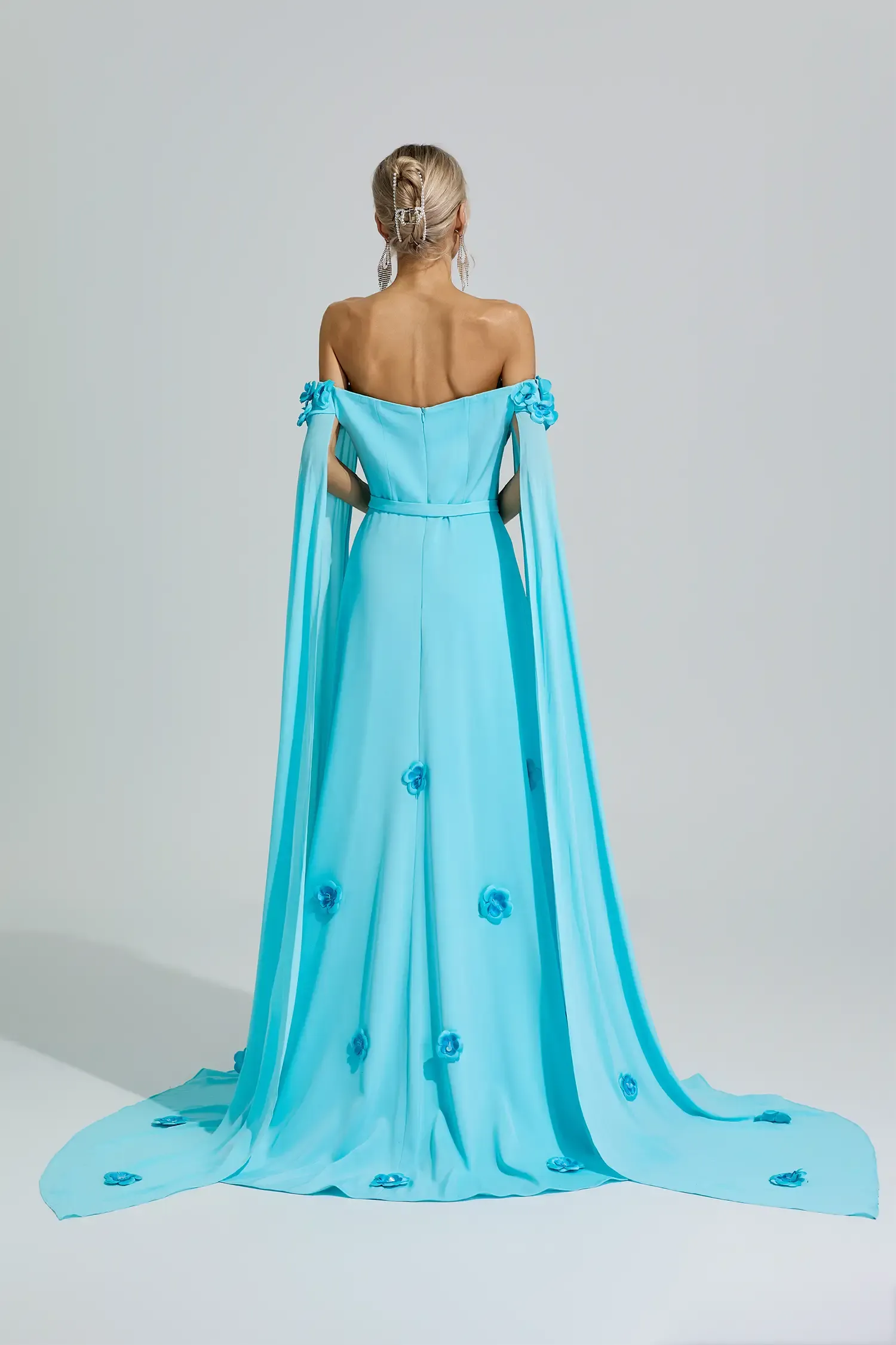 Guanyin Blue Beaded Floral Off Shoulder Dress