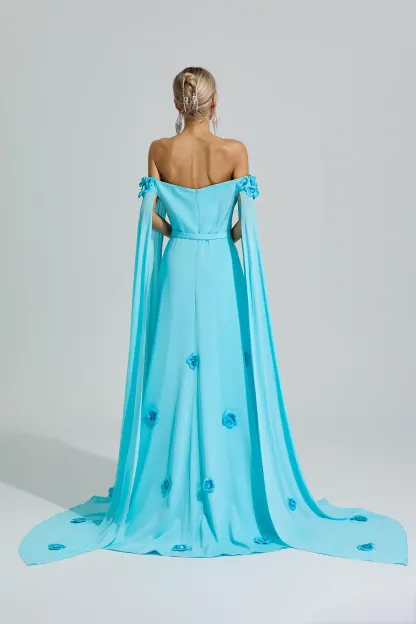 Guanyin Blue Beaded Floral Off Shoulder Dress