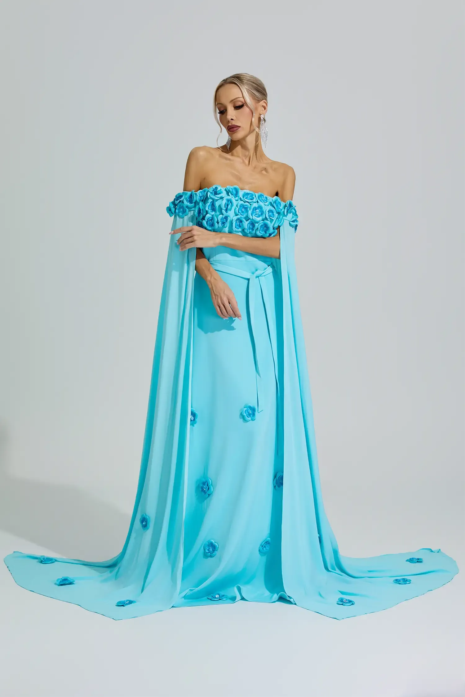 Guanyin Blue Beaded Floral Off Shoulder Dress