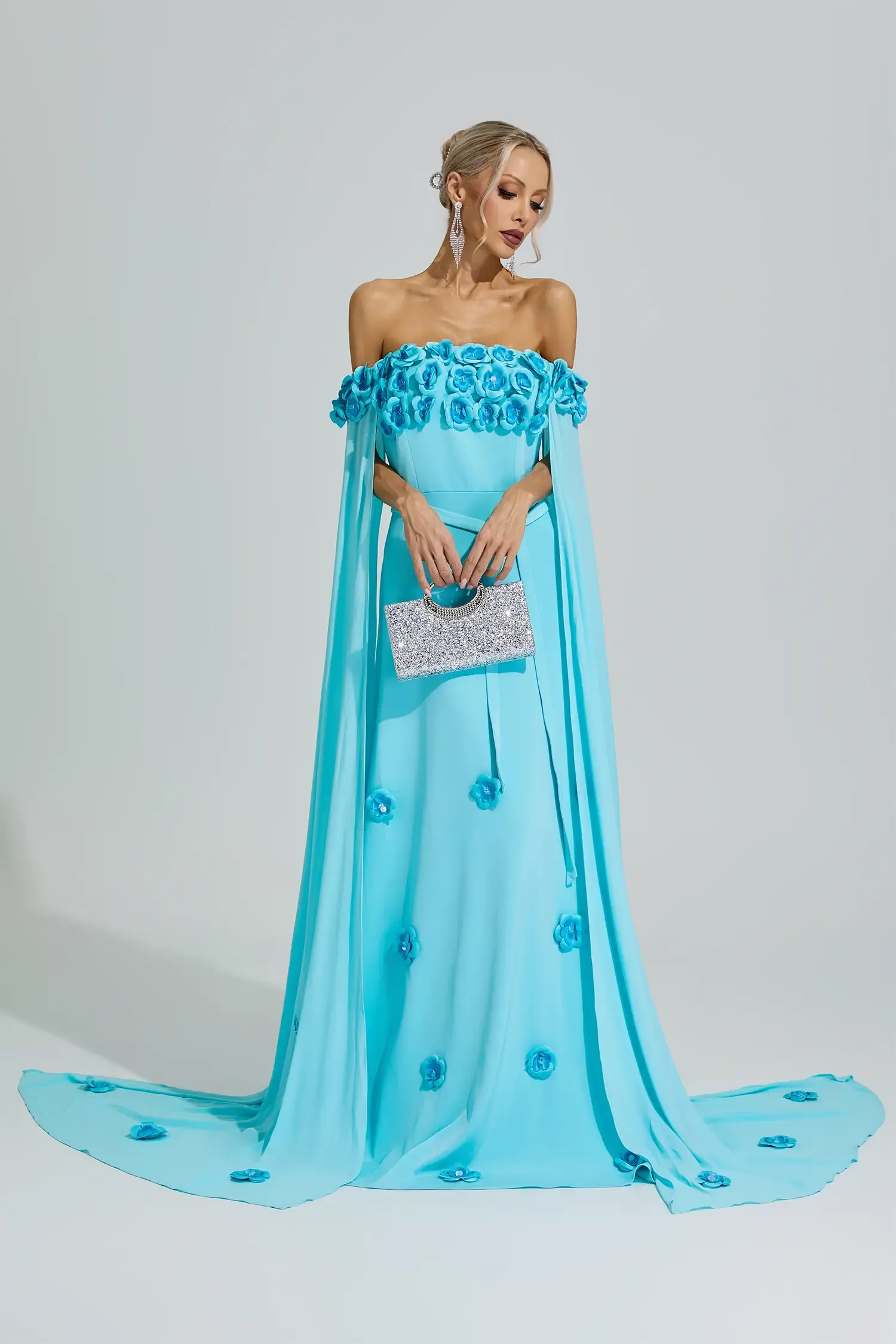 Guanyin Blue Beaded Floral Off Shoulder Dress